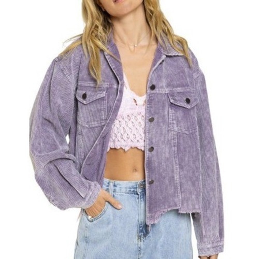 POL Purple Corduroy raw Hem Cropped Trucker Shacket Jacket Size Large